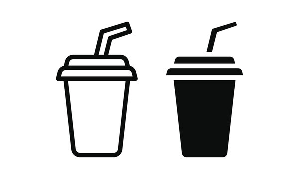 Soda cup icon plastic drink cup with straw set outline and solid silhouette vector isolated on white background