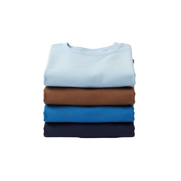 Vertical stack of four neatly folded cotton crew-neck t-shirts in pastel blue, brown, and navy on a transparent background premium retail catalog concept