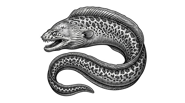 Moray eel marine animal in vintage woodcut style.