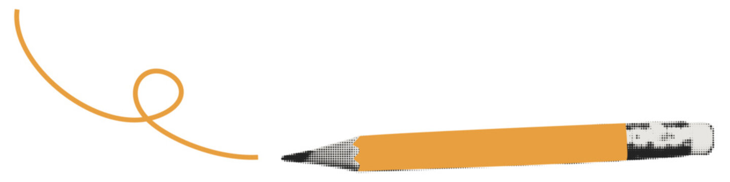 Pop art illustration of yellow pencil drawing a scribble line. Writing, sketching, education, design, imagination and artistic expression concept. Vintage collage style vector sticker isolated