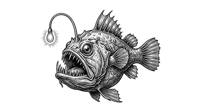Predatory deep-sea anglerfish with glowing lure.