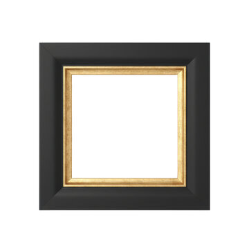 Empty square picture frame with a matte black outer border and an ornate antique gold leaf inner molding isolated on a plain white background, minimalist luxury