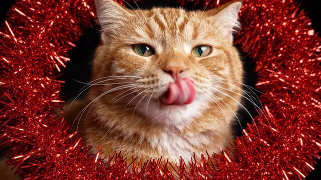Orange cat surrounded by red tinsel