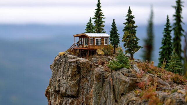 A tiny cabin is placed on a ledge with miniature trees around. This scene showcases a remote mountain spot with faraway hills.