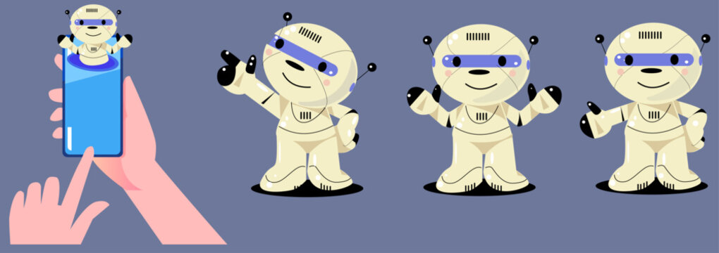 Cute AI Robot Character Set Emerging from Smartphone with Speech Bubble and Poses