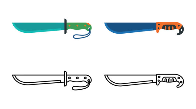 Curved blade knife illustrations colorful and outlined versions on white background