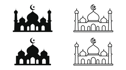 Mosque Line Art Icons With Crescent Moon Black And White © Mkm Studio