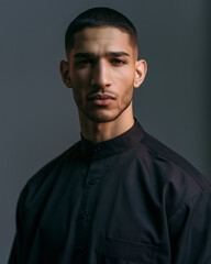 Obraz premium Confident Young Man Wearing Modern Black Shirt