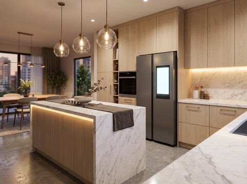 Modern luxury kitchen interior featuring a marble waterfall island, light wood cabinetry, and a smart stainless steel refrigerator with elegant glass pendant lighting