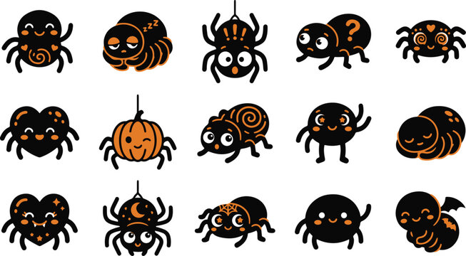 Collection of cute cartoon spider stickers for halloween decoration isolated on transparent background
