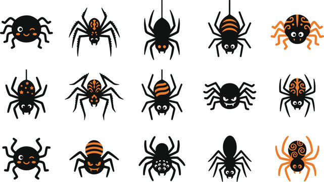 Collection of various scary spider illustrations for halloween decoration isolated on transparent background