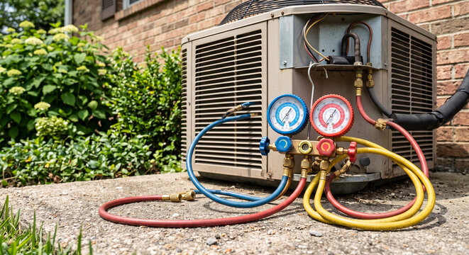 Outdoor condenser unit with open service panel, colorful hoses, and gauges connected for air conditioning repair with visible HVAC repair and maintenance equipment
