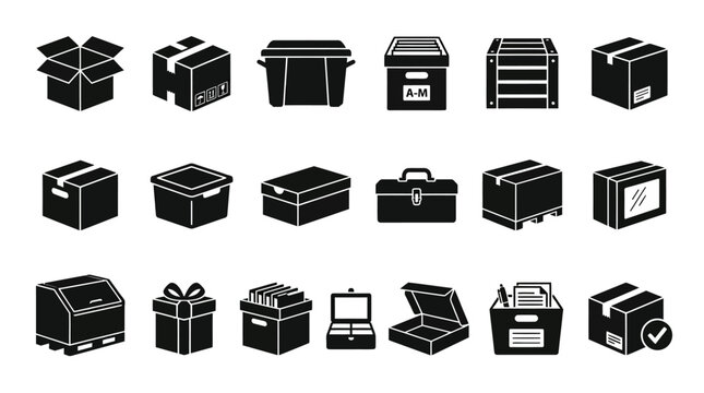Packaging and storage boxes icons vector illustration, black silhouette set featuring gift, pizza, toolbox, and shipping containers, delivery and logistics concept vector