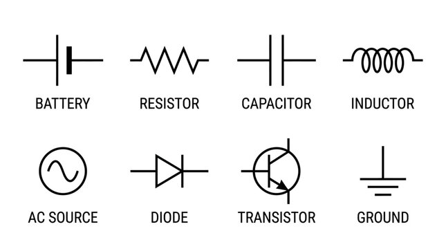 Electrical circuit symbols vector illustration, minimal black outline set featuring resistor, capacitor, inductor, diode, transistor, ground, and AC source, electronic schematic concept vector