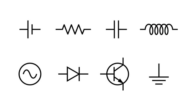 Electrical circuit symbols vector illustration, minimal black outline set featuring resistor, capacitor, inductor, diode, transistor, ground, and AC source, electronic schematic concept vector