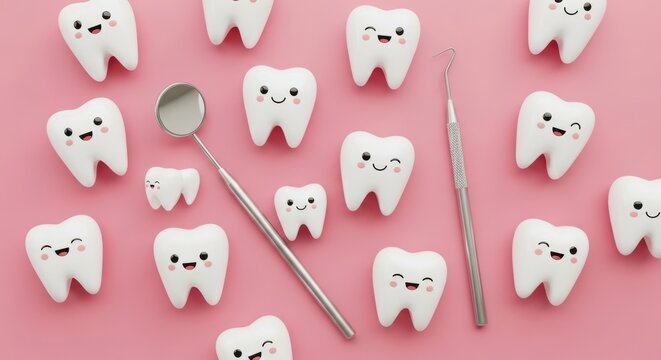 Cute happy smiling teeth characters with dental mirror and tools on a soft pink background for children dentistry and oral health care concept