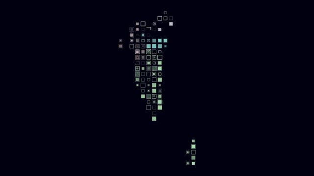 Bahrain map animation. Shape of the country with pulsating colored dots. Large size square blocks. Digital style Bahrain map on dark background. Vibrant video.