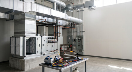 Naklejka na ściany i meble Large indoor HVAC unit with ducts, pipes, service cart, and tools in a bright mechanical service room with visible HVAC repair and maintenance equipment