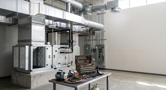 Large indoor HVAC unit with ducts, pipes, service cart, and tools in a bright mechanical service room with visible HVAC repair and maintenance equipment