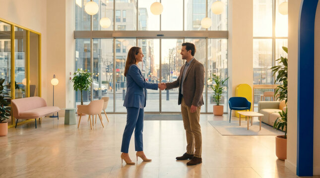 Human resources manager greeting successful job applicant candidate with handshake during recruitment career interview in modern corporate office lobby