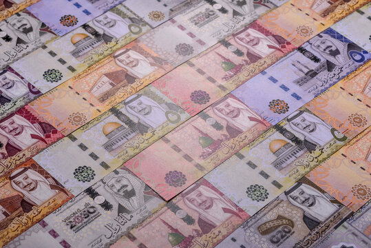 Saudi Arabia paper money, riyal banknotes and coins as currency for exchange. Saudi Arabia money
