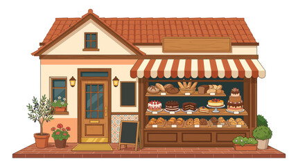 Naklejka premium Charming vintage bakery shop exterior with freshly baked bread, pastries, and cakes on display shelves