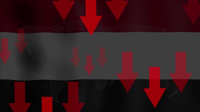Economic Downturn: A stark visual representing a country's economic crisis, featuring a national flag obscured by falling red arrows and a downward trending graph, symbolizing decline and recession.
