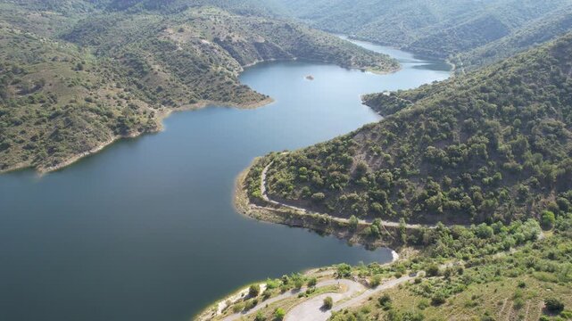Drone footage of Siurana Reservoir on sunny spring day. Tarragona, Spain.