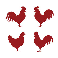 Red silhouette roosters and hens standing isolated on white background © MDMITHU