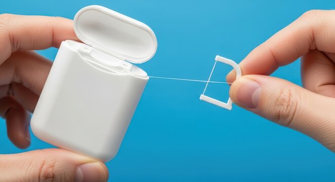 Person holding a white dental floss pick and a small plastic container for cleaning teeth and maintaining good oral hygiene during a daily routine against a blue background