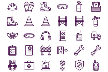 Fototapeta premium Safety equipment and tools icons set for construction and industrial workplace safety and security