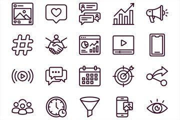 Fototapeta premium Set of social media and marketing icons in clean line art style on white background for web design projects