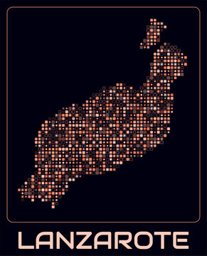 Lanzarote digital style map. Small roundedSquare dots on dark background. Dotted shape of the island. Lanzarote map and title. Awesome vector illustration.
