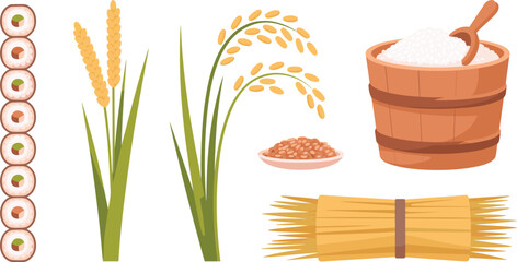 Rice agricultural elements flat vector illustration set. Wooden bucket, scoop, grains, growing stalks, maki sushi rolls, and straw bundle display an Asian farm culinary harvest. © HELEN QUEEN