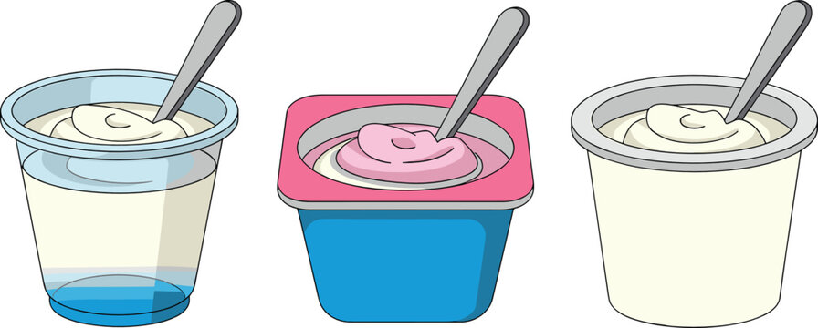 Yogurt cups flat vector illustration set. Transparent plastic glass, square blue tub, round container, silver spoons, swirls, and pink strawberry cream display a healthy dairy snack collection.
