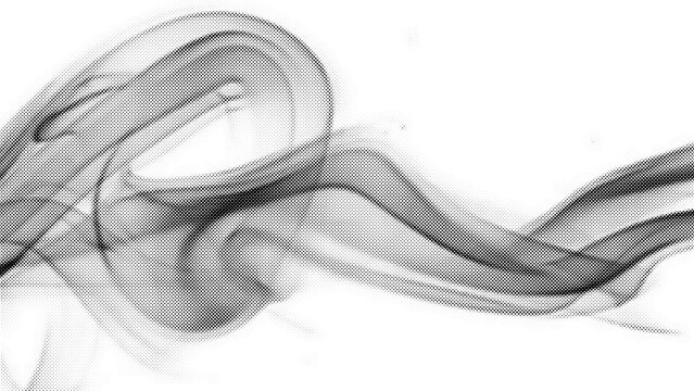 Abstract swirling black ink or smoke cloud rendered with halftone dots against a clean white background conveying a sense of motion and texture transparent background