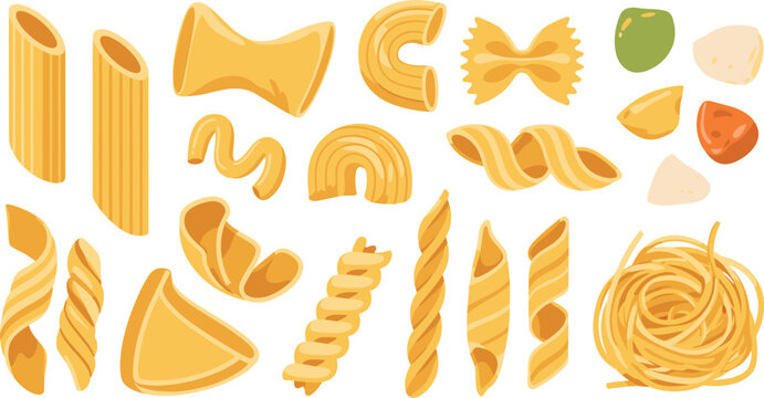 Italian pasta varieties flat vector illustration set. Penne, farfalle, macaroni, fusilli, spaghetti nests, and classic geometric noodle shapes showcase a traditional culinary dry ingredient selection.