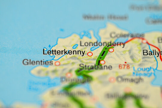 Close up map focus on Letterkenny Londonderry and northwest routes.