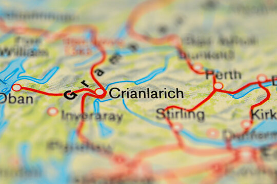 Macro travel map highlighting Crianlarich Stirling and Scottish highlands routes.