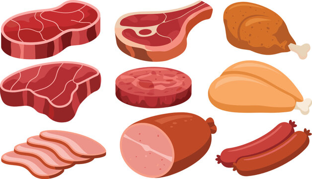 Meat products flat vector illustration. Assorted raw beef steaks, pork chops, chicken, sausage, ham, and salami create a butcher collection.
