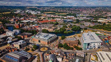 Obraz premium Derby city center panoramic aerial view with river and buildings
