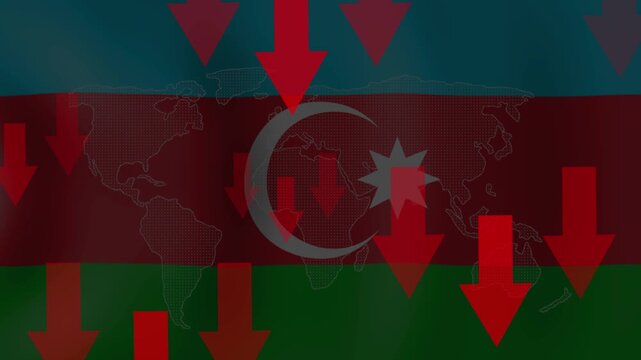 Azerbaijan Economic Downturn: Red arrows symbolize a sharp economic decline overlaying the flag of Azerbaijan and a faint world map, signifying a period of financial struggle and recession.