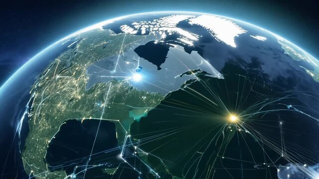 Global network earth rotates displaying data connections and illuminated continents video planet world globe illumination digital technology communication satellite geography mapping