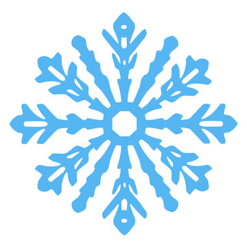 Blue decorative snowflake icon with intricate six point symmetrical crystal pattern isolated on white background, elegant vector illustration for Christmas, winter, frozen weather, seasonal decoration