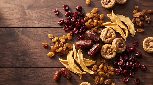 Dried fruits including figs, dates, raisins, apricots, and cranberries arranged on a wooden surface, showcasing various textures and colors in a natural setting