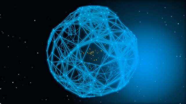 Abstract blue glowing digital sphere made of connected lines and dots in deep space