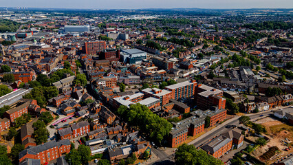 Obraz premium Wide panoramic aerial view of Derby city center and skyline