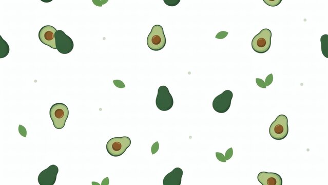 Seamless avocado pattern illustration with green leaves and halved fruit on white background with whole halved avocados