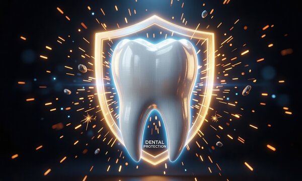 3D render of glowing tooth shielded by dental protection concept. Bright molar with spark effects symbolizing oral health and hygiene defense.