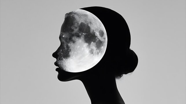Prompt: A striking double exposure fine-art portrait. A crisp black silhouette profile of a face is filled with a minimalist surreal dreamscape of the moon's surface, showing a high-contrast 
